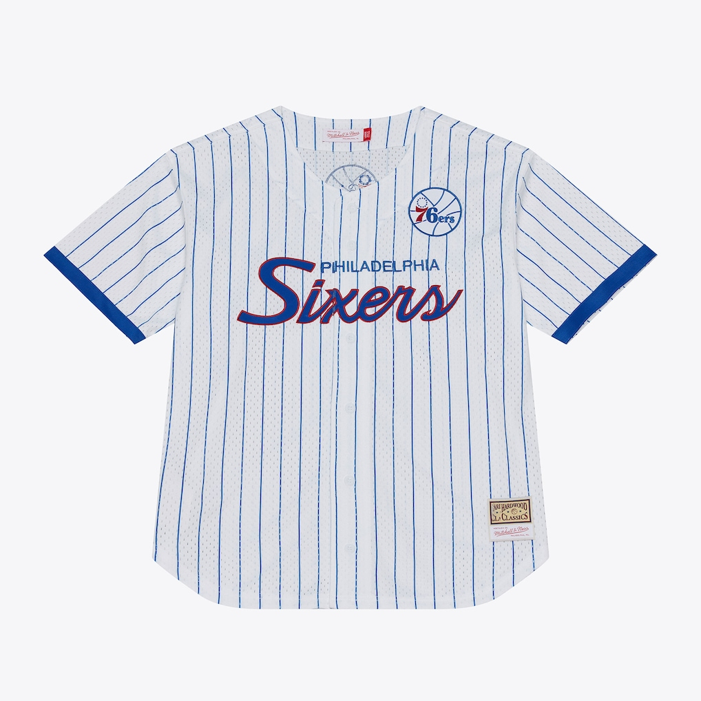 Pkot P.76ers Mitchell & Ness White Head Coach Pinstripe Mesh Full-Button Baseball Jerseys