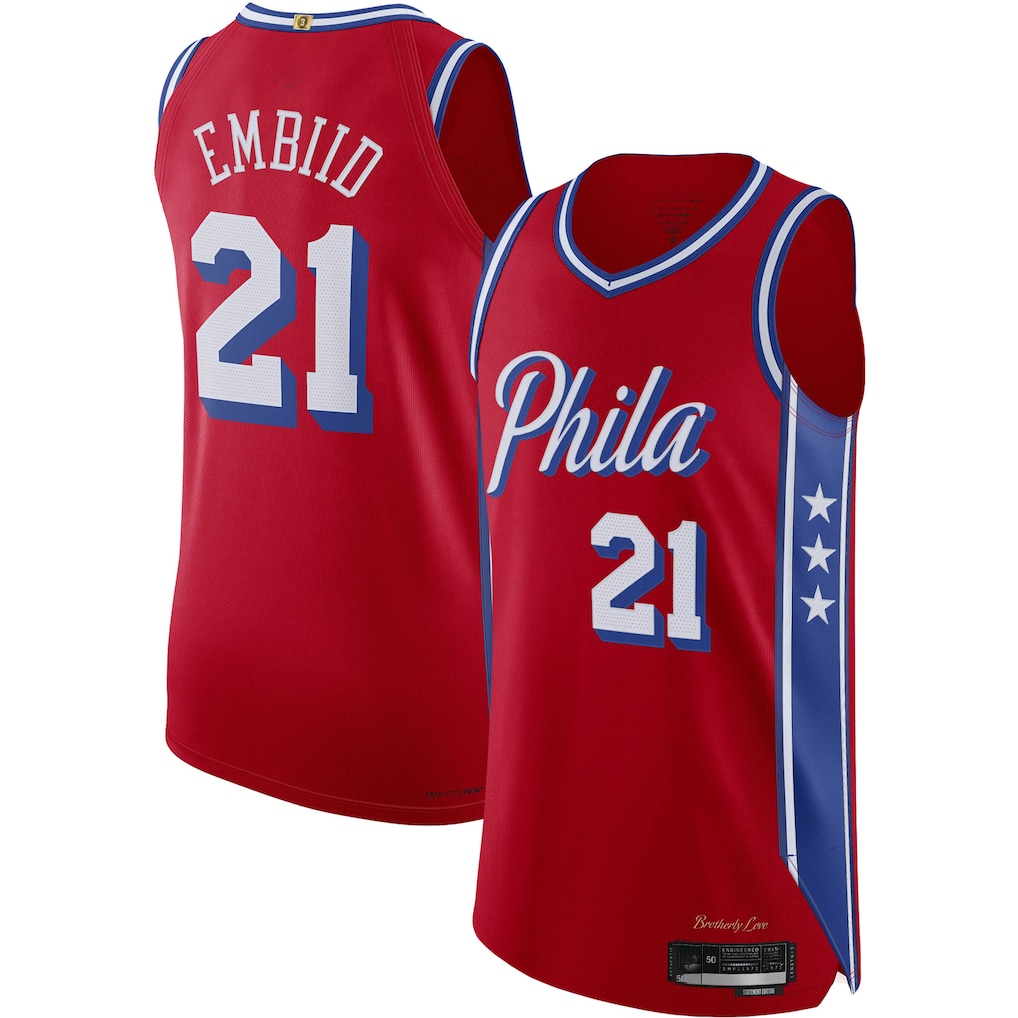 Pkot P.76ers #21 Joel Embiid Jordan Brand Red Authentic Player Jerseys - Statement Edition
