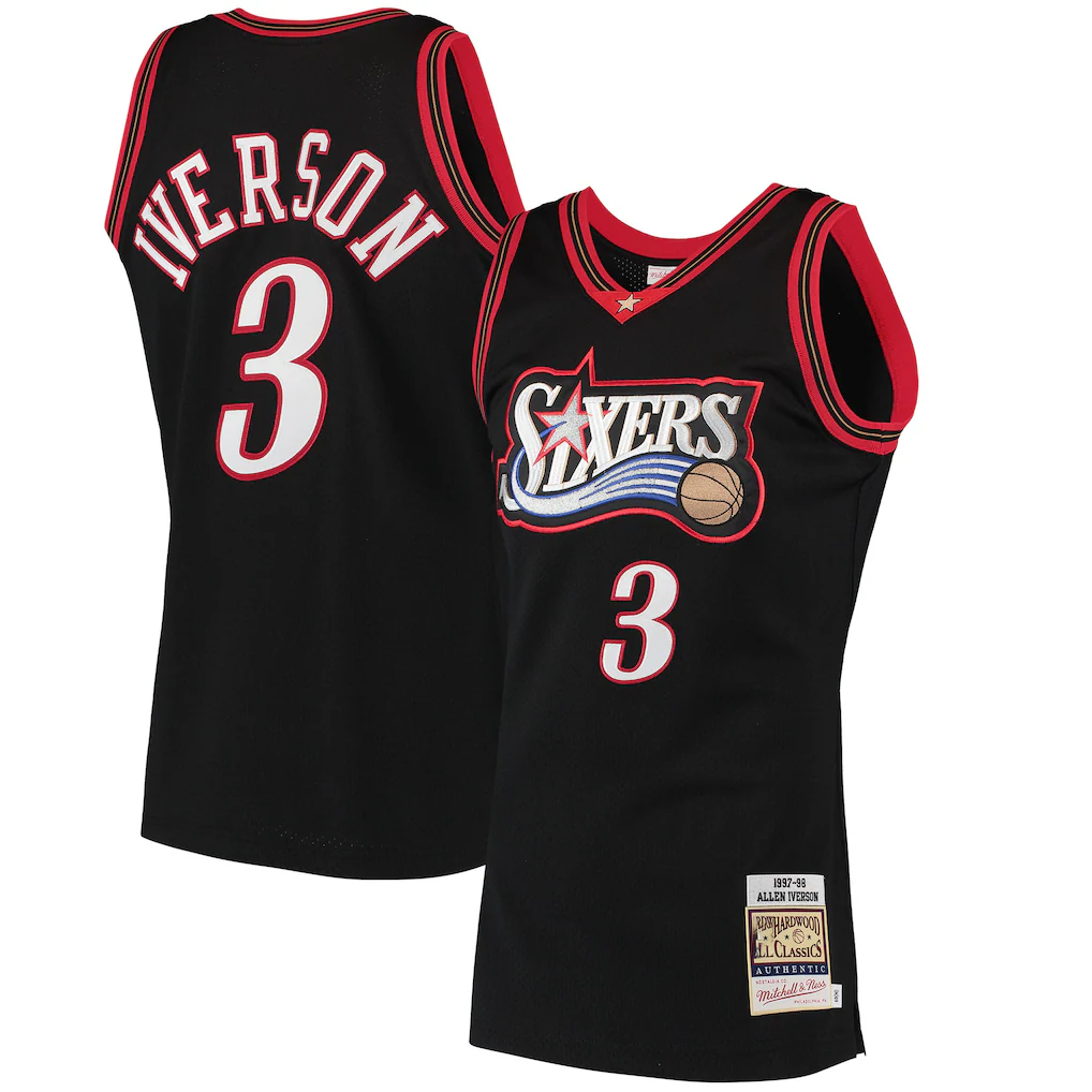 Pkot P.76ers #3 Allen Iverson Mitchell & Ness Black 199798 Hardwood Classics Authentic Jerseys