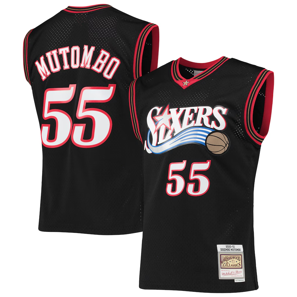 Pkot P.76ers #55 Dikembe Mutombo Mitchell & Ness Black Hardwood Classics Swingman Jerseys