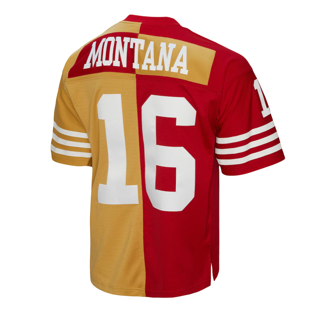 Pkot SF.49ers #16 Joe Montana Mitchell & Ness Scarlet Gold 1990 Split Legacy Replica Stitched Jerseys