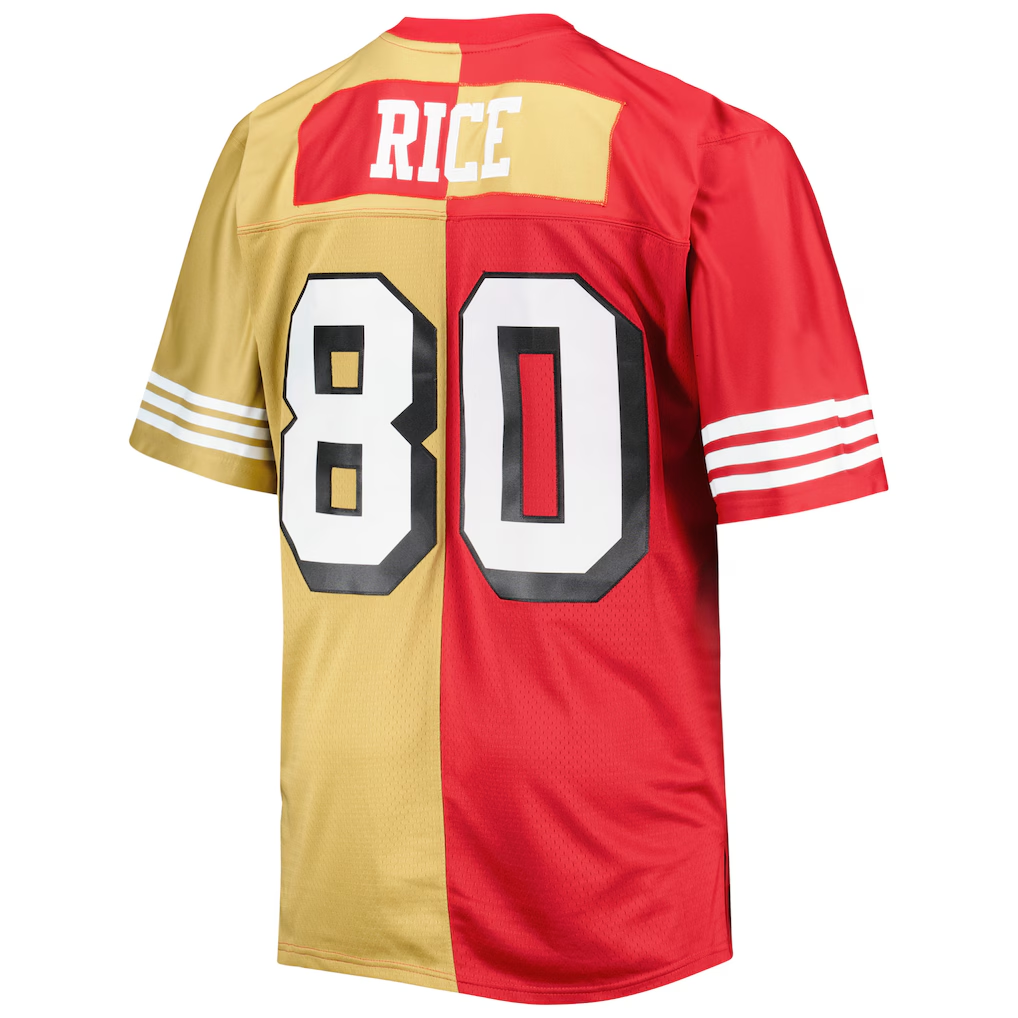 Pkot SF.49ers #80 Jerry Rice Mitchell & Ness ScarletGold Big & Tall Split Legacy Retired Player Replica Stitched Jerseys