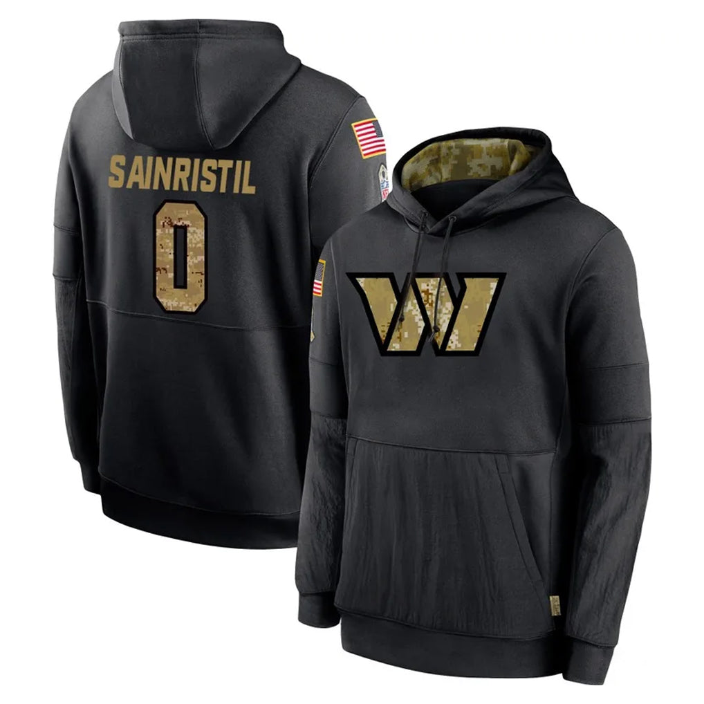 Pkot W.Commanders #0 Mike Sainristil Player Black Salute to Service Performance Pullover Hoodies Home Game Stitched Jerseys