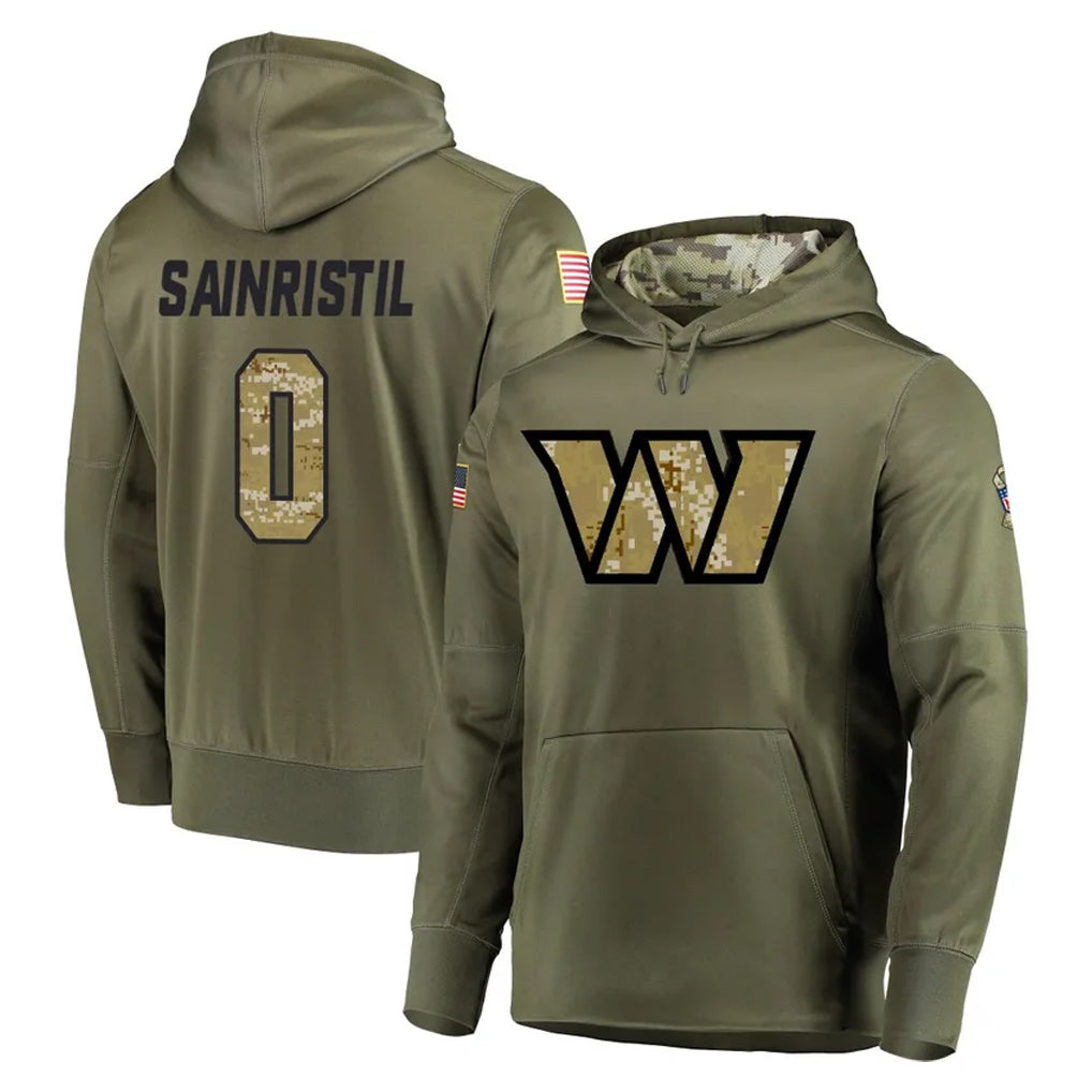 Pkot W.Commanders #0 Mike Sainristil Player Olive Salute to Service Pullover Hoodie Limited Home Game Stitched Jerseys