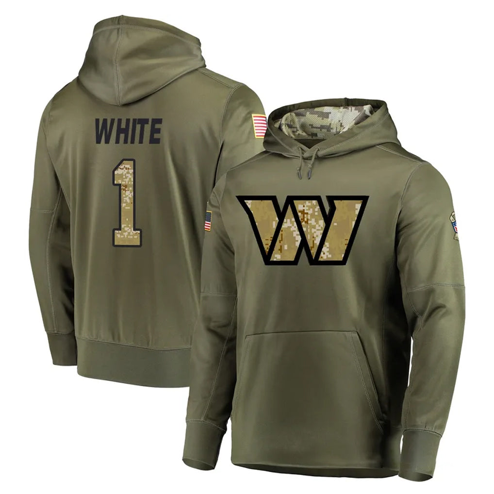 Pkot W.Commanders #1 Rachaad White Player Olive Salute to Service Pullover Hoodie Limited Home Game Stitched Jerseys
