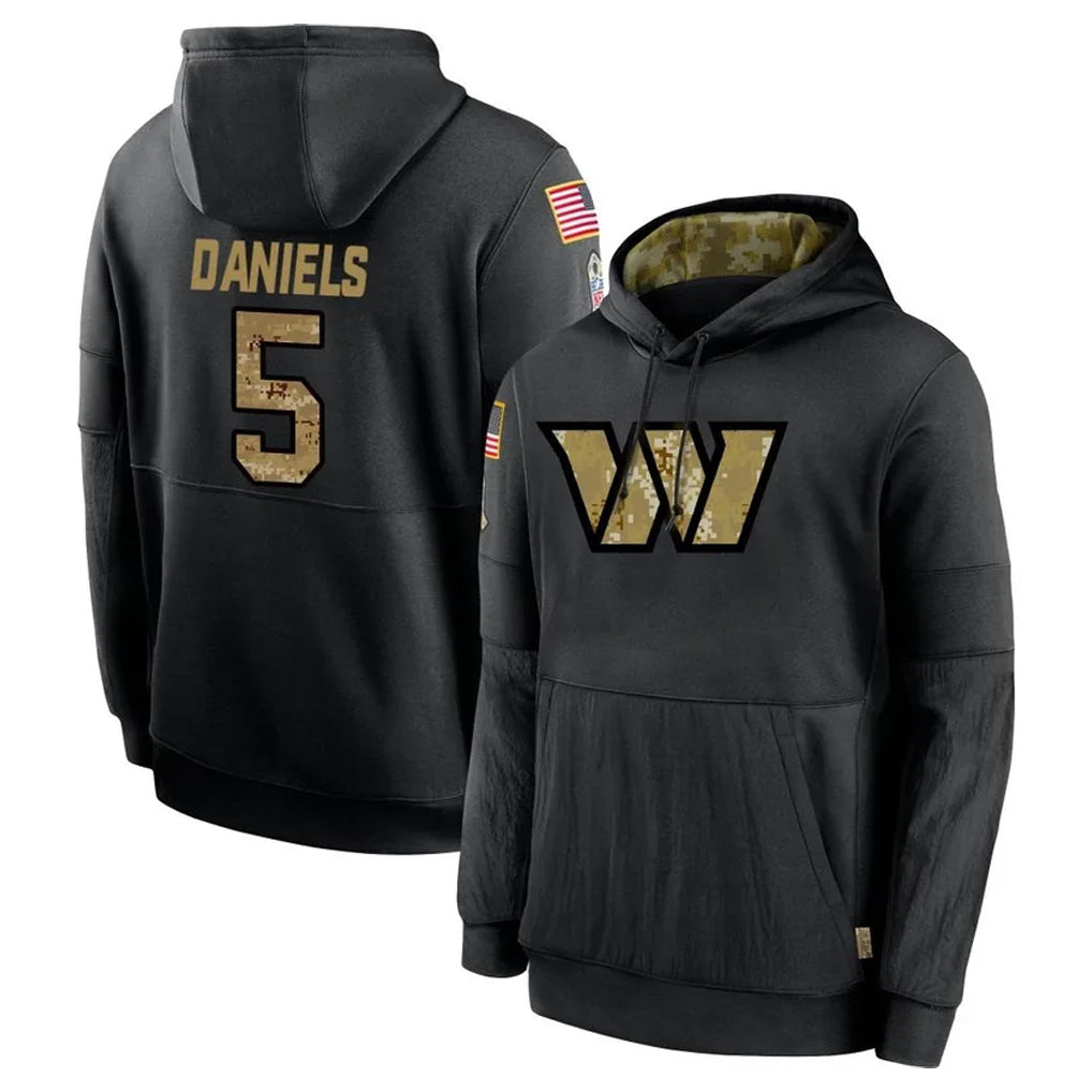 Pkot W.Commanders #5 Jayden Daniels Player Black Salute to Service Performance Pullover Hoodies Home Game Stitched Jerseys