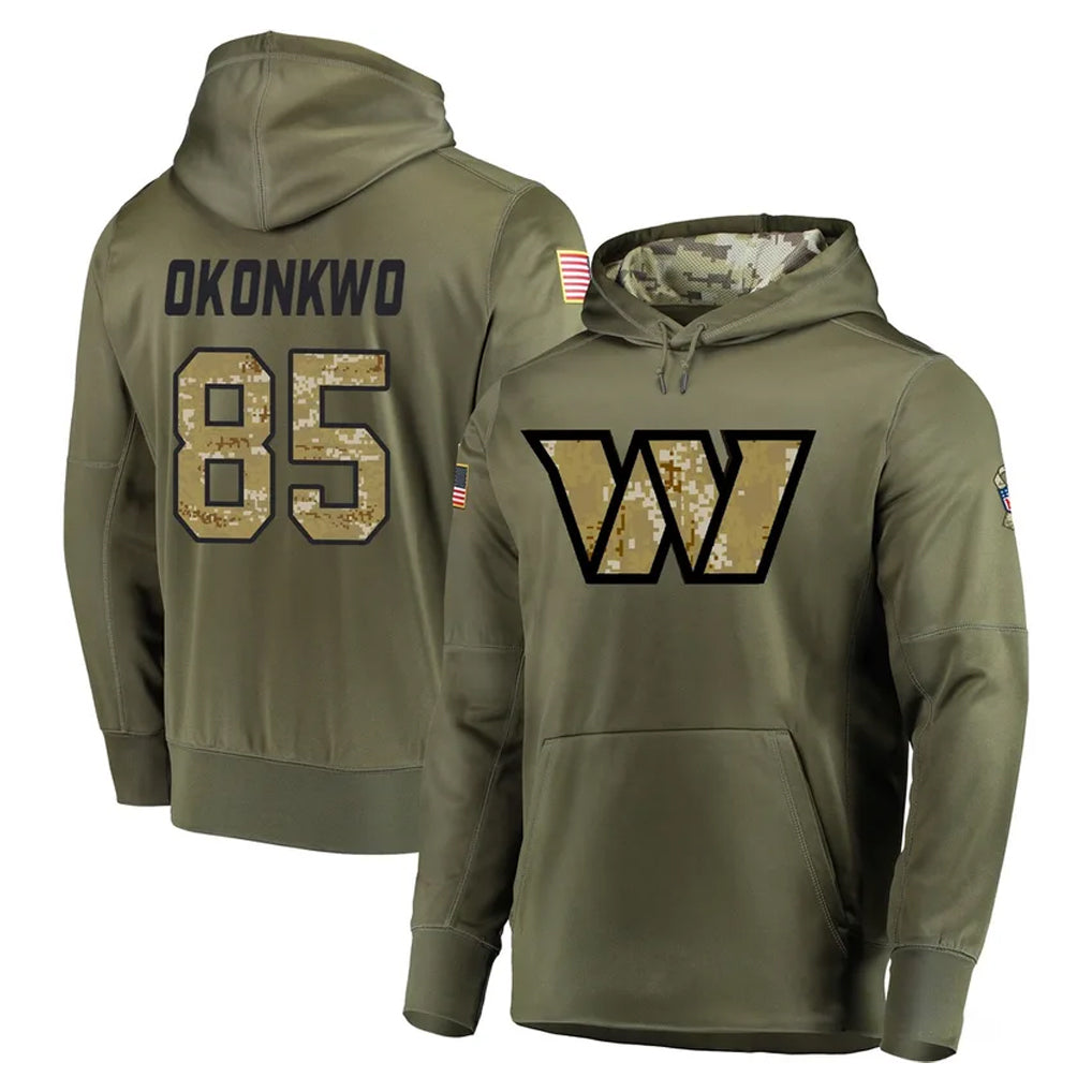 Pkot W.Commanders #85 Chig Okonkwo Player Olive Salute to Service Pullover Hoodie Limited Home Game Stitched Jerseys