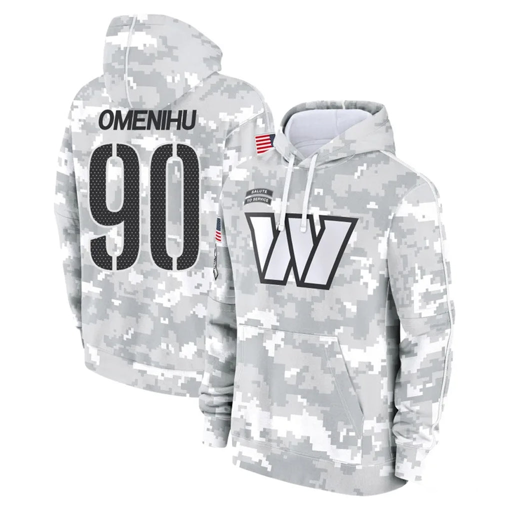 Pkot W.Commanders #90 Charles Omenihu Player Arctic Camo Limited Salute to Service Pullover Hoodies Game Stitched Jerseys